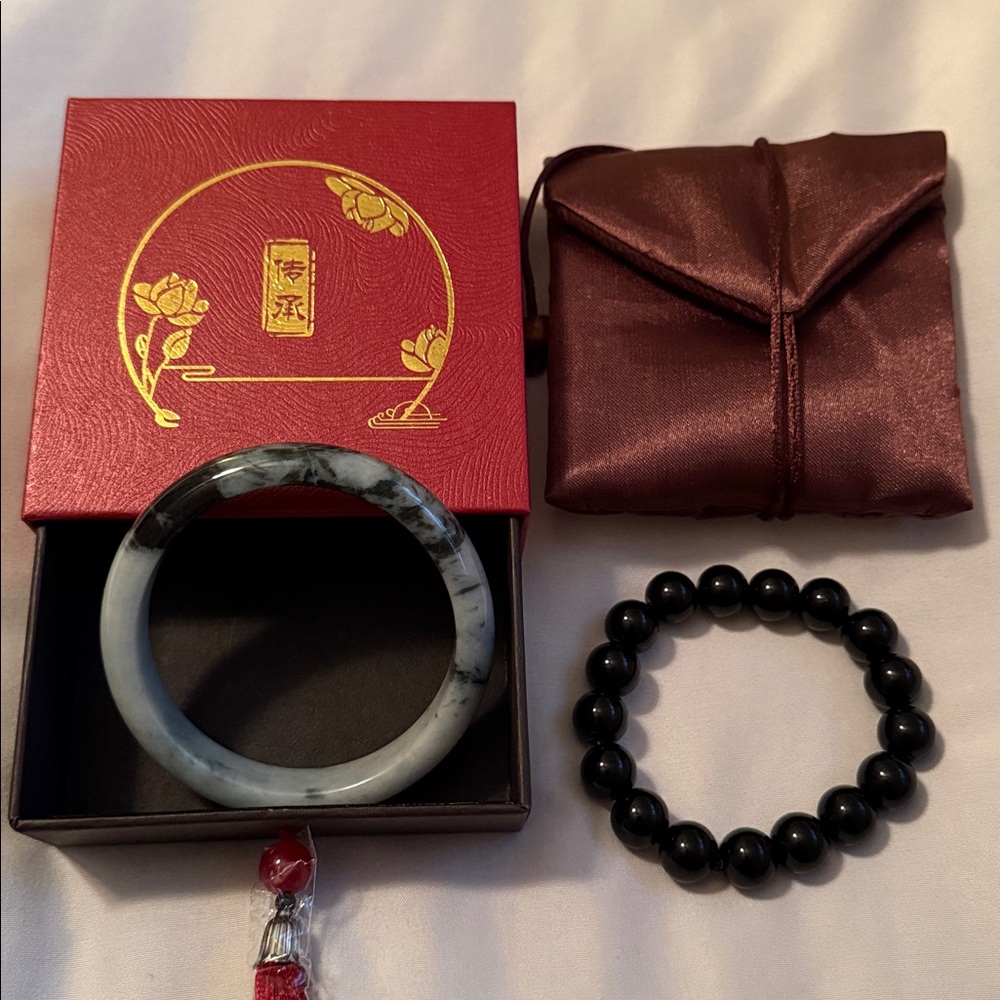 Elegant Jade Bangle and Black Bead Bracelet Set
